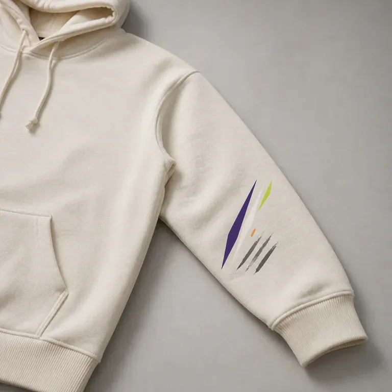 A close-up of a small sleeve print detail on a hoodie