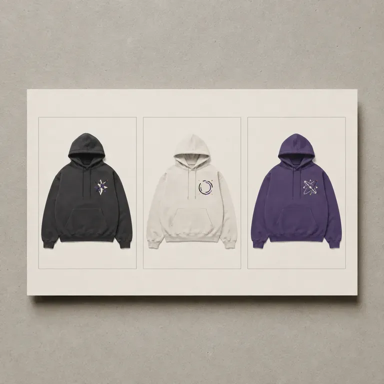 Three small hoodie graphics shown together in a print-on-demand catalogue style
