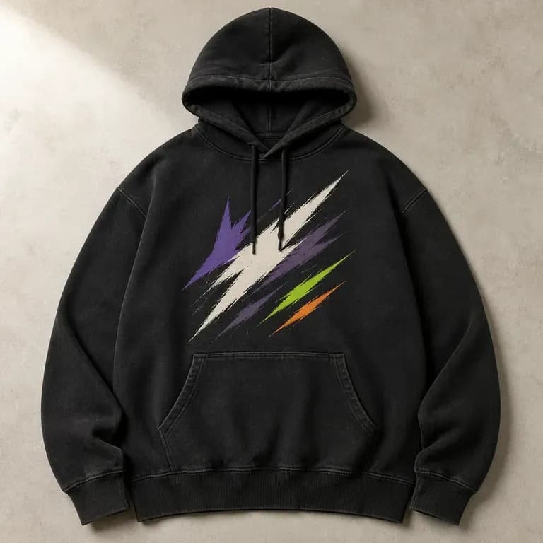 A close-up of a bold, high-contrast streetwear-style graphic on a hoodie