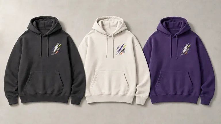 Three hoodies in different colours flat-laid with the same abstract graphic on the chest