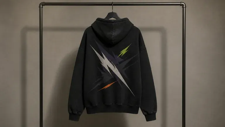 A hoodie with a large back graphic hanging on a simple clothes rail