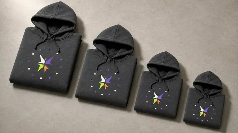 Several event-themed hoodies in different sizes stacked together