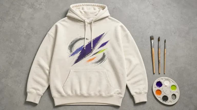An illustration-style hoodie graphic flat-laid beside paintbrushes and a palette