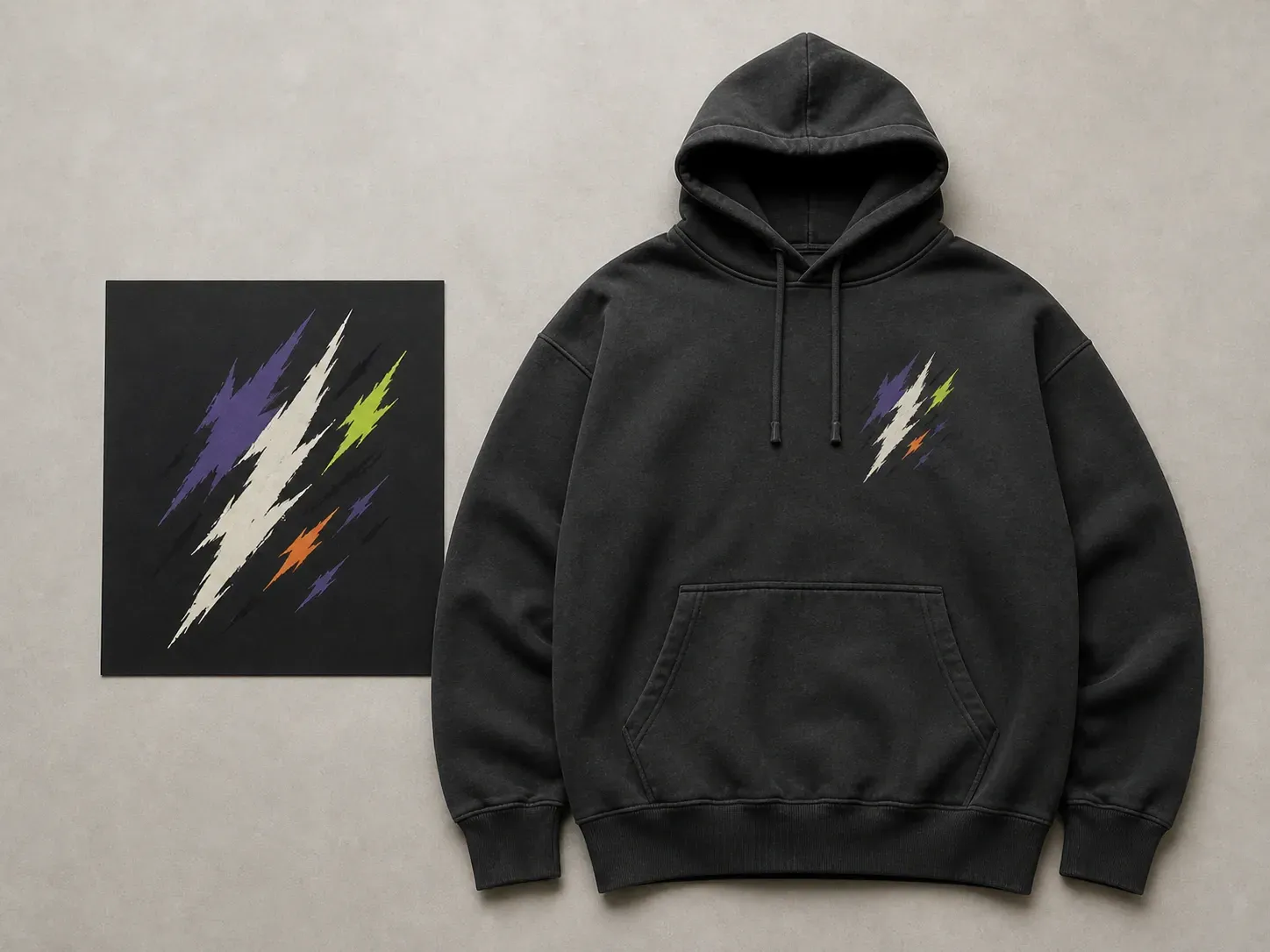 An abstract graphic reference beside the same graphic printed on a charcoal hoodie's chest