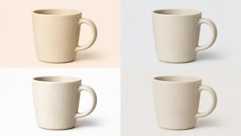 The same mug shown in four colour-grade variations: warm, cool, high-contrast, soft