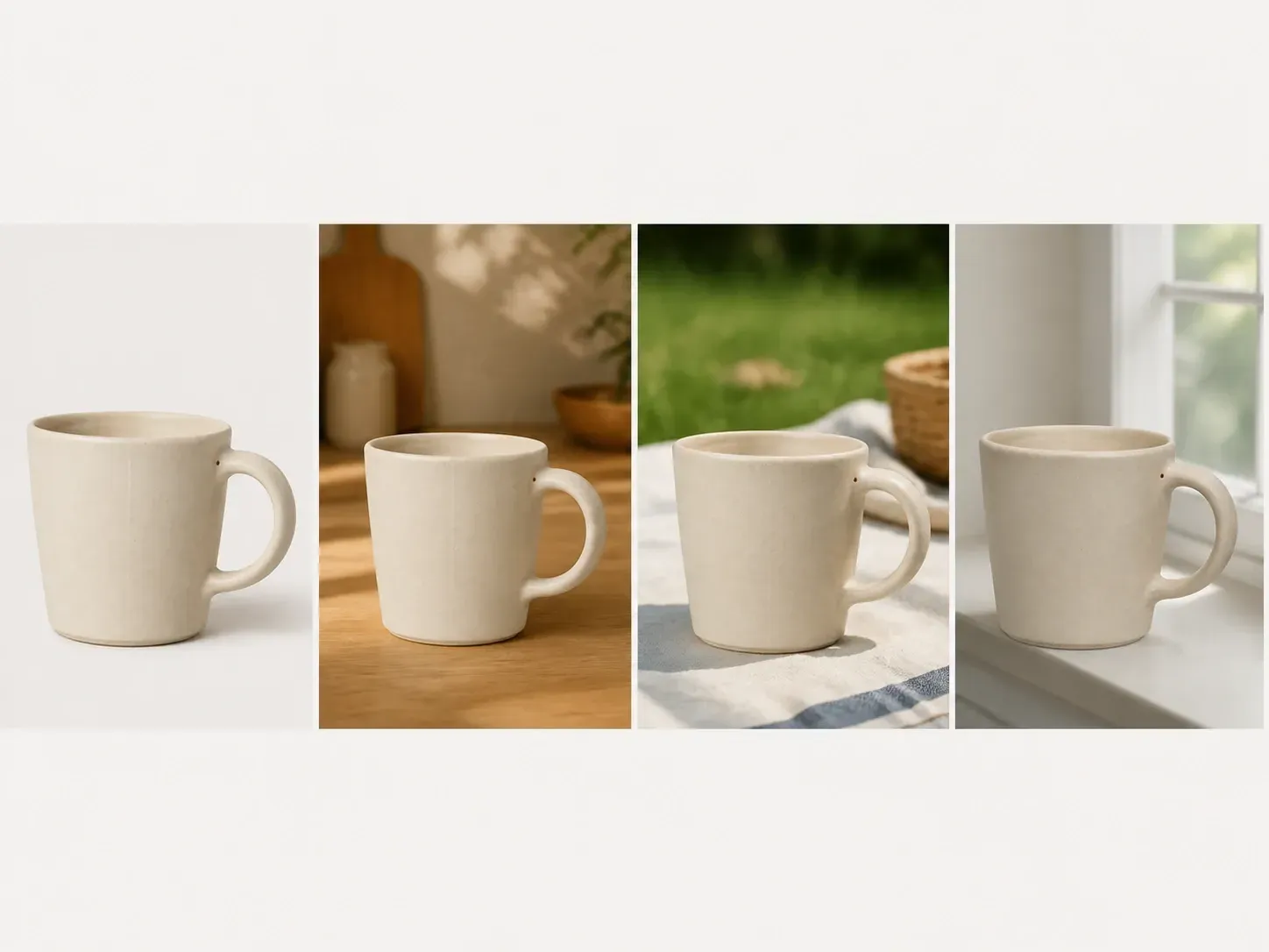 A source ceramic mug photo on white beside three variations of it in different scenes, same mug shape