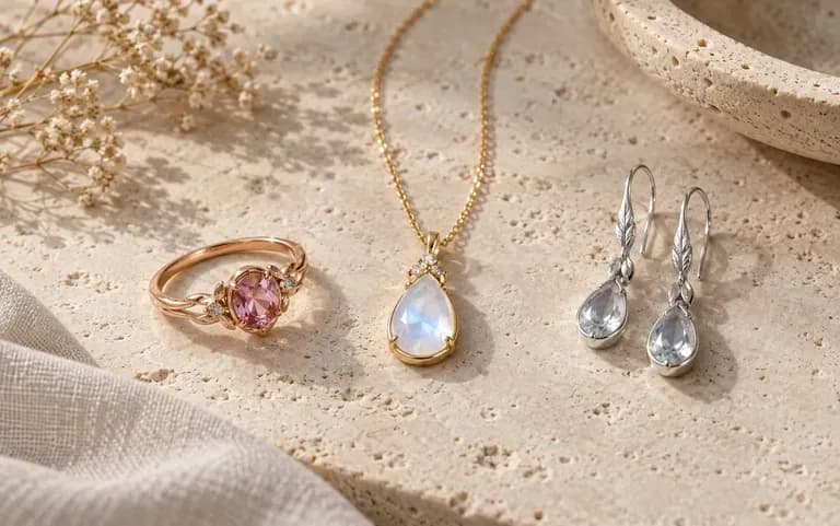 A ring, a pendant necklace and drop earrings generated from short briefs