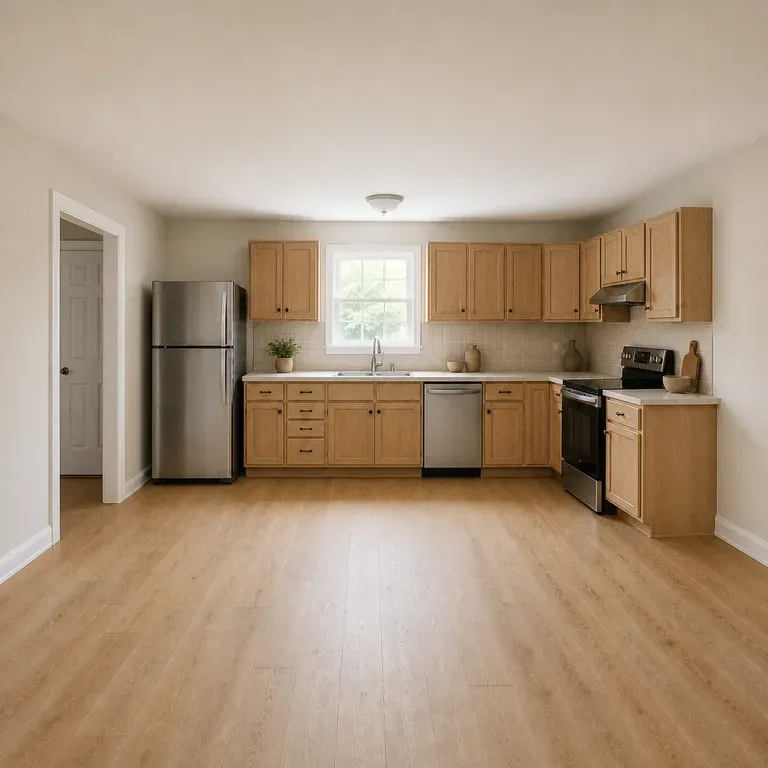 A close-up of a warm, natural kitchen after a redesign