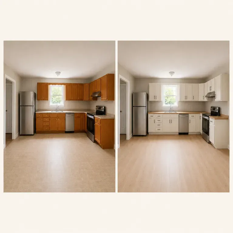A split-frame before and after comparison of the same kitchen