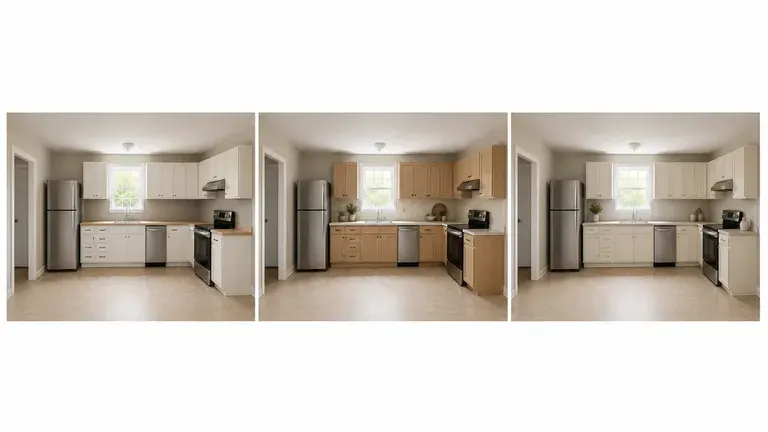 The same kitchen shown in three directions: modern minimal, warm natural, classic timeless