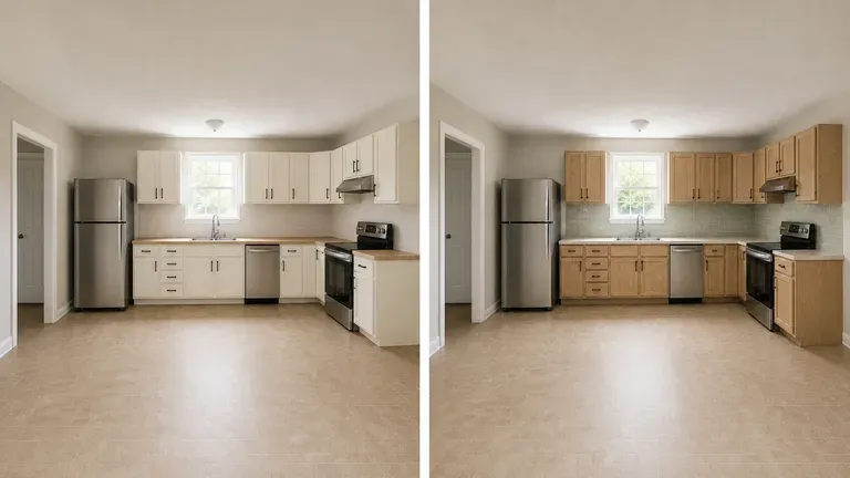 Two model interpretations of the same kitchen preview placed side by side