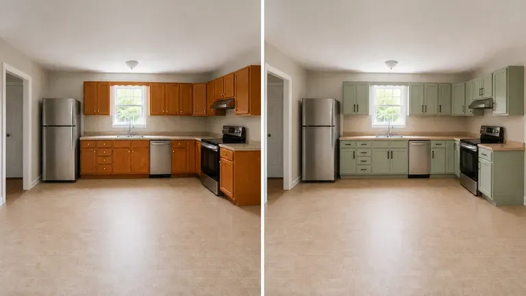A cabinet colour shown before and after, only the finish and hardware changed