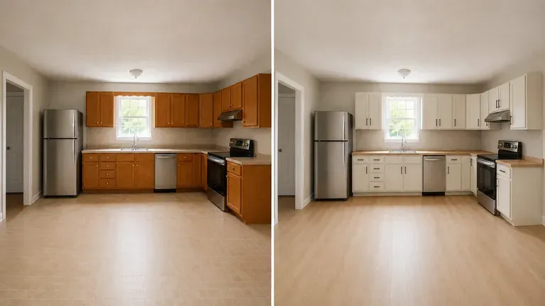 An ordinary kitchen shown before and after a redesign