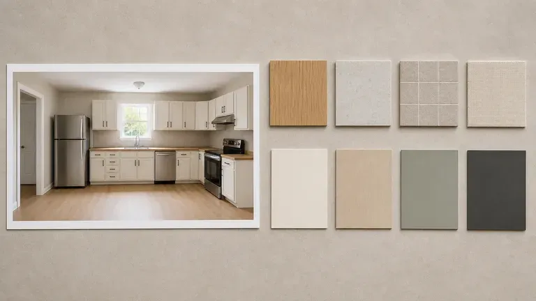 A kitchen concept preview beside material swatches and colour cards