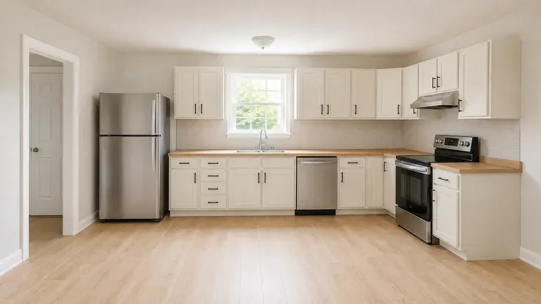 A kitchen redesign preview shot in a bright, real-estate-style composition