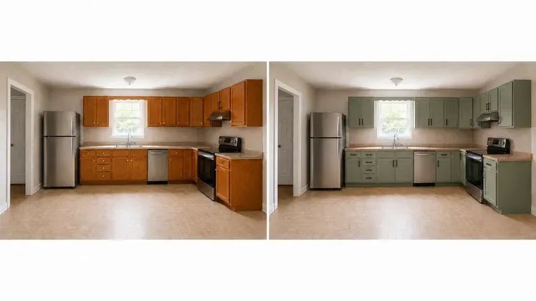 A renter's kitchen with only hardware and cabinet colour changed in the preview