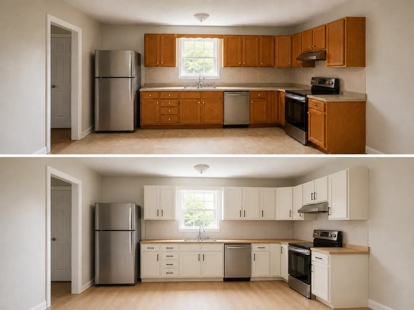 An ordinary kitchen before and after: the same camera position and cabinet layout, now modern white cabinetry