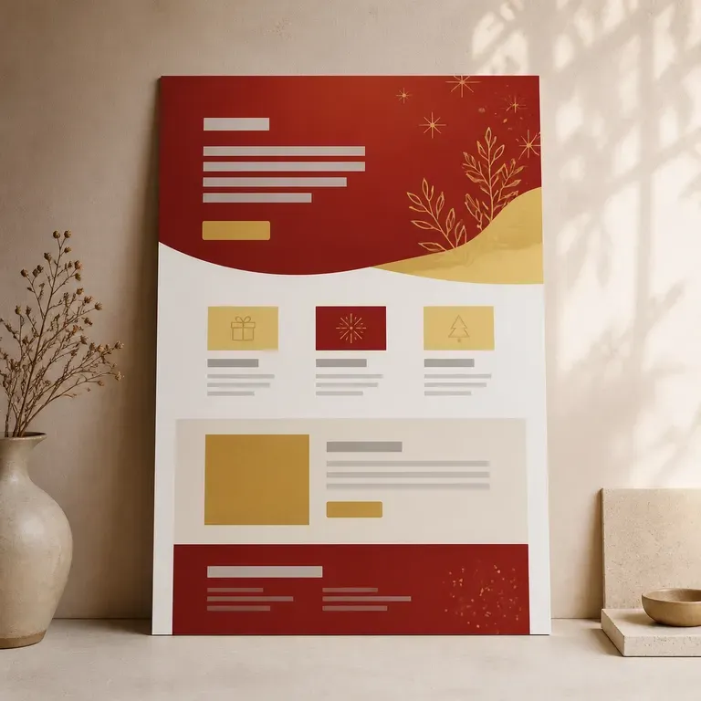 A landing page layout in a warm red and gold festive colour scheme