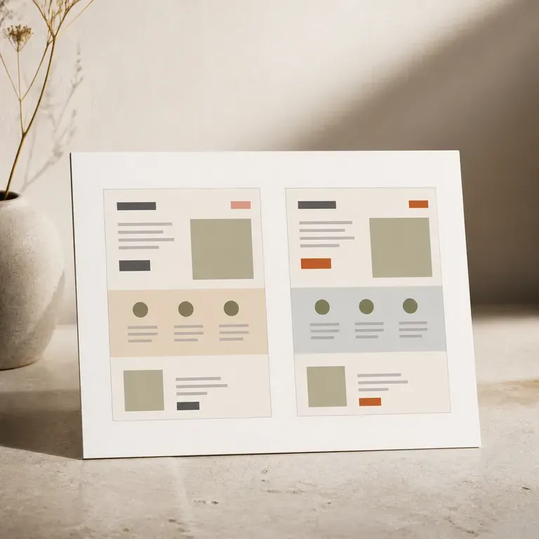 Two small landing page layout thumbnails side by side for an A/B comparison