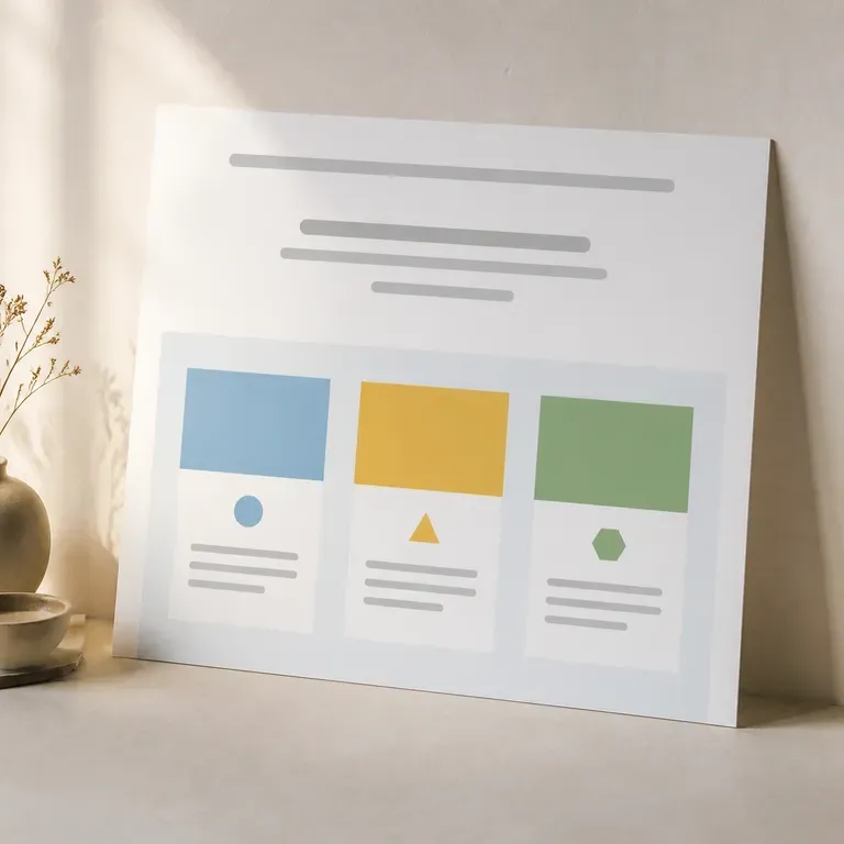 A landing page layout with three horizontal benefit blocks each beside a small icon shape