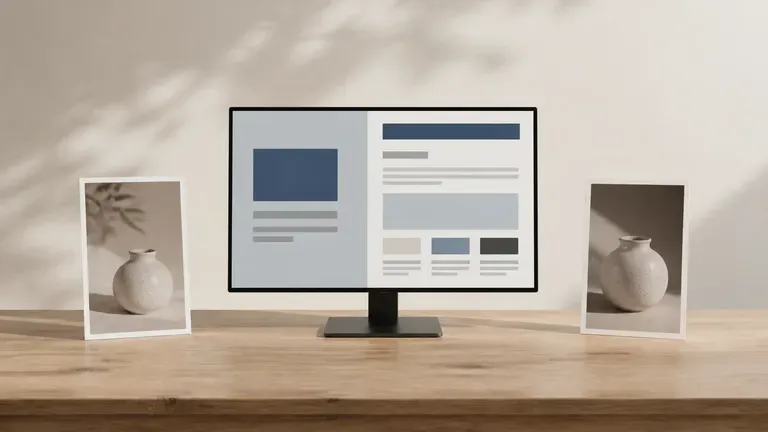 A monitor showing an abstract landing page layout with two product photos on either side