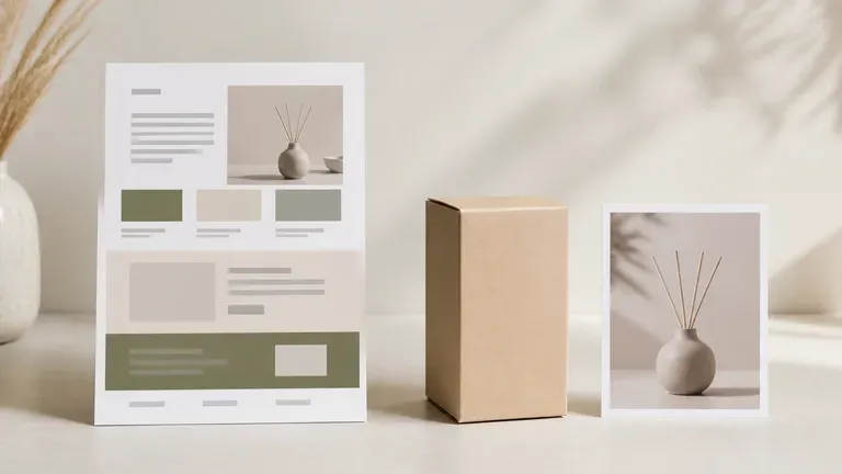 A landing page layout for a product launch beside its packaging box and product photo