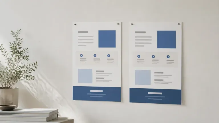 Two nearly identical landing page layouts pinned to a wall for an A/B test comparison