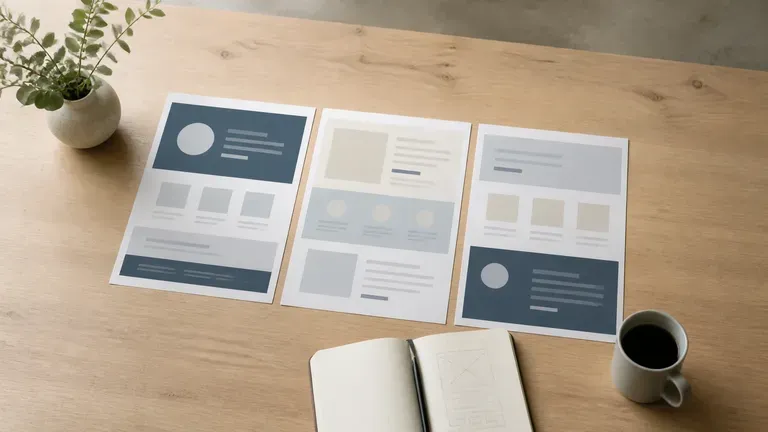 Three landing page layouts spread across a meeting table for a team review