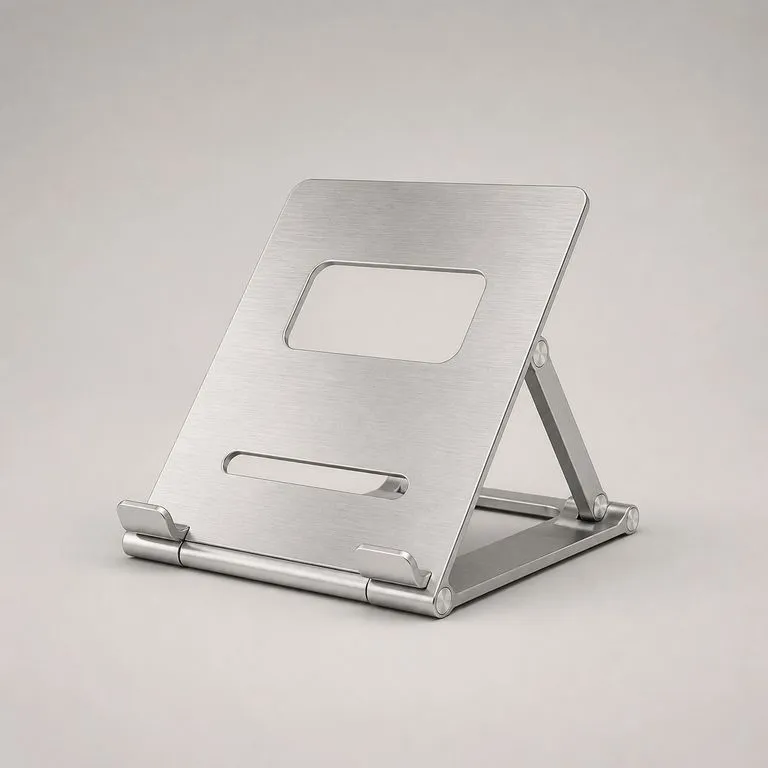 A laptop stand rendered in brushed aluminium with the part breaks still readable under the metal