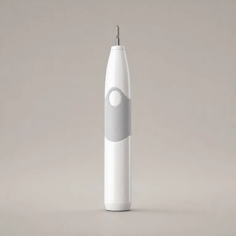 An electric toothbrush rendered in glossy white polymer with highlights following the surface curvature