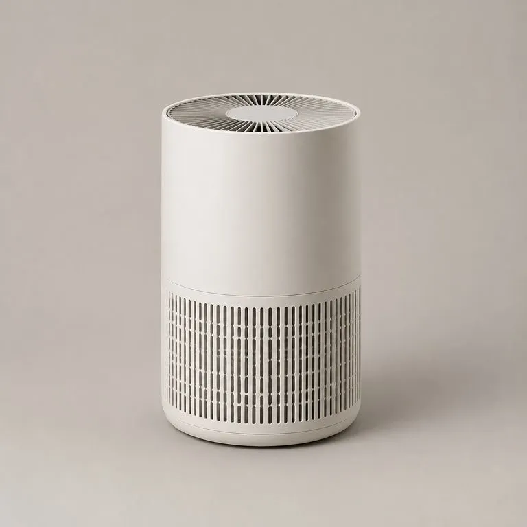 An air purifier rendered with the fine vent slots still open and crisp rather than merged