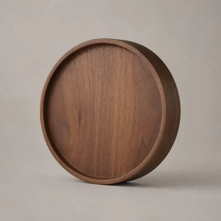 A round wall clock rendered in walnut with the grain following the curve of the body