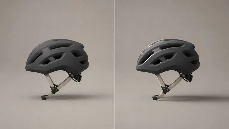 One bicycle helmet rendered twice under different lighting, soft top light on the left and hard side light on the right