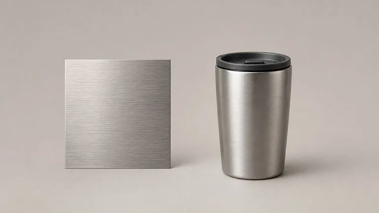 A square brushed metal swatch on the left and an insulated travel mug rendered in that same brushed finish on the right