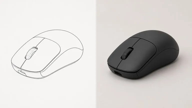 A wireless mouse line drawing beside its render, with the drawn part breaks still visible in the rendered surface