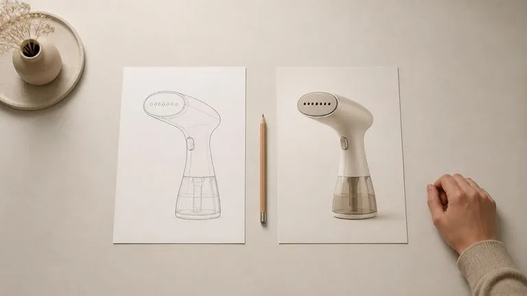 A designer's desk from above with a printed line drawing of a garment steamer beside a printed render of the same product