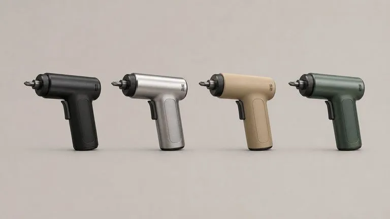 One cordless screwdriver rendered four times in four different finishes, evenly spaced in a row