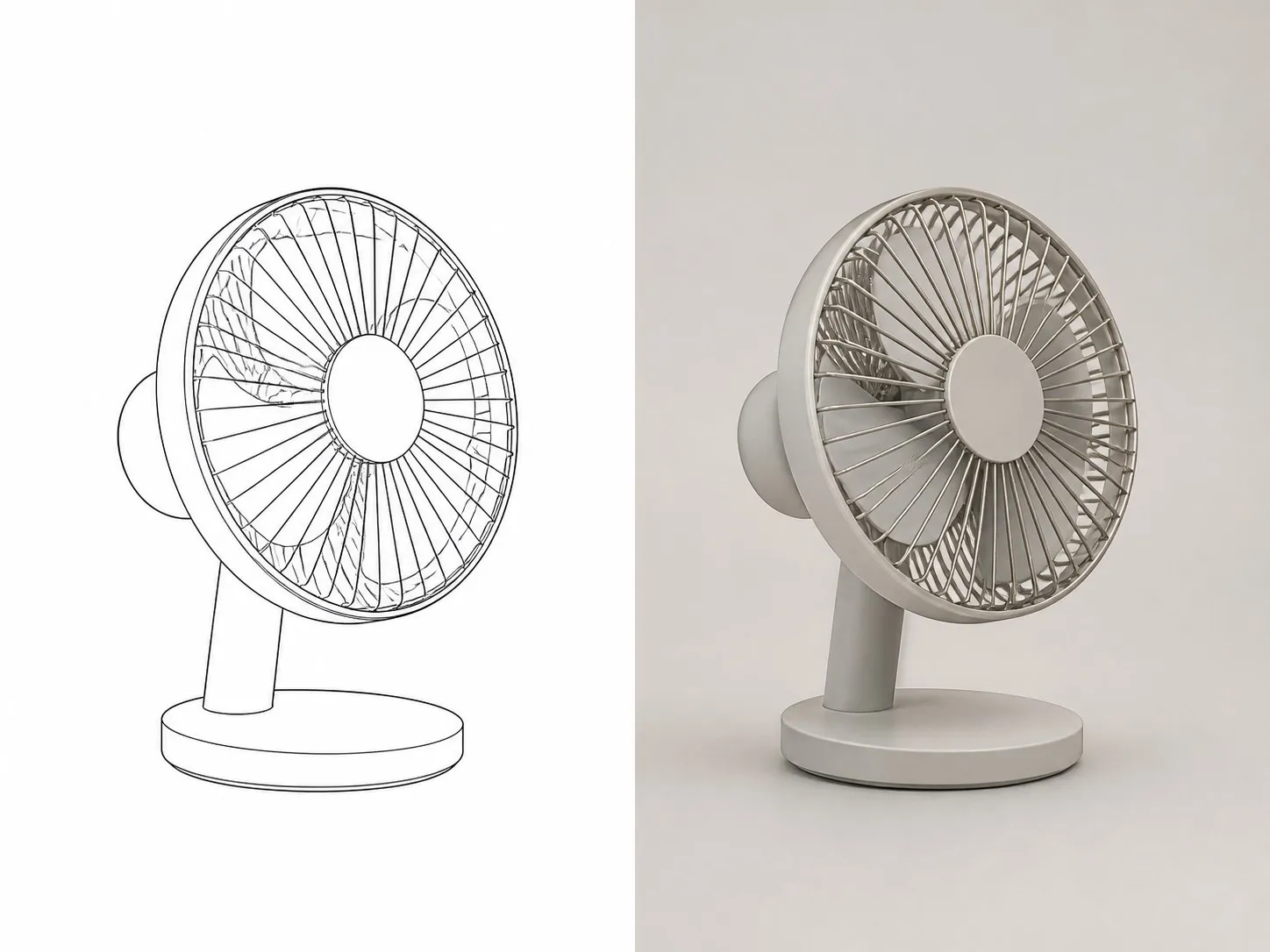 A desk fan as a black line drawing on the left and the same fan as a finished photoreal render on the right