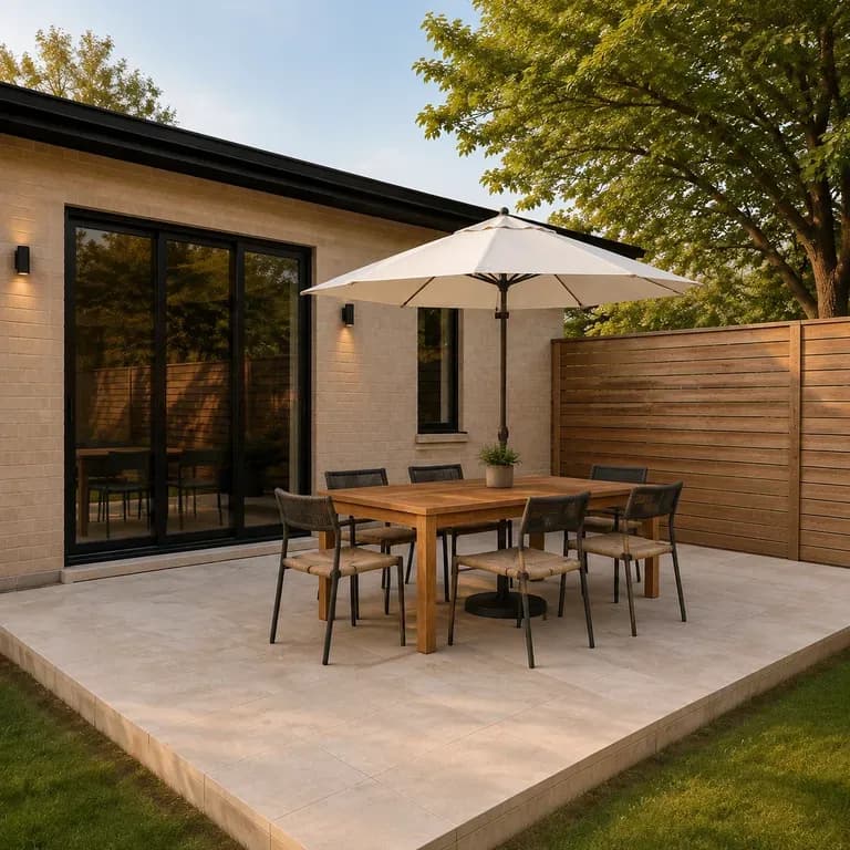 A close-up of a dining and entertaining outdoor area after a redesign