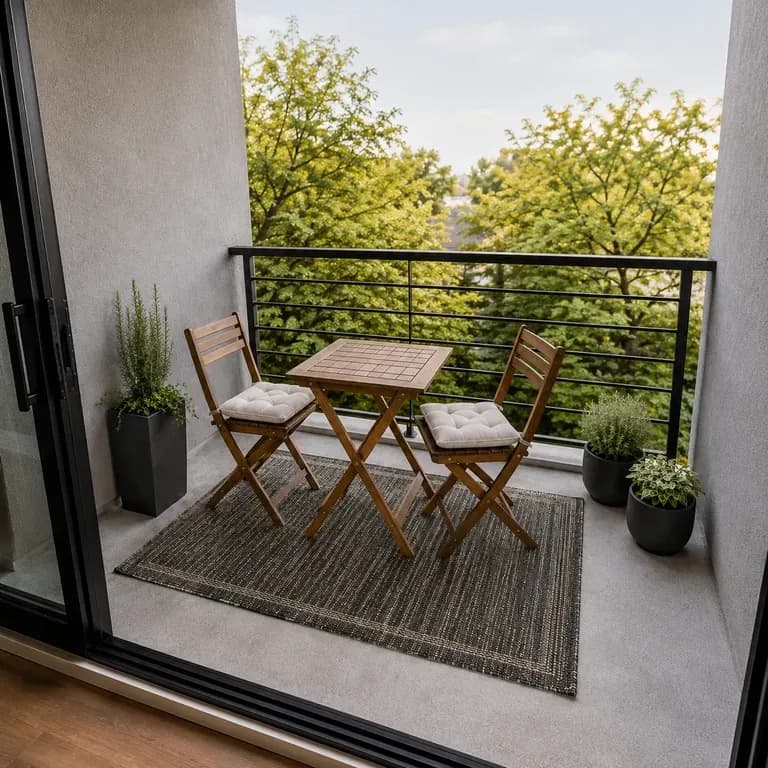 A close-up of a small balcony after a redesign