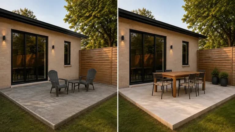 A deck material shown before and after, the building outline unchanged, only surface and furniture updated