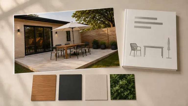 An outdoor concept preview beside a furniture catalogue and colour cards