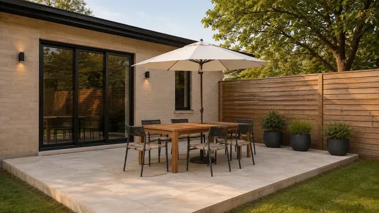 A patio redesign preview shot in a wide, real-estate-style composition