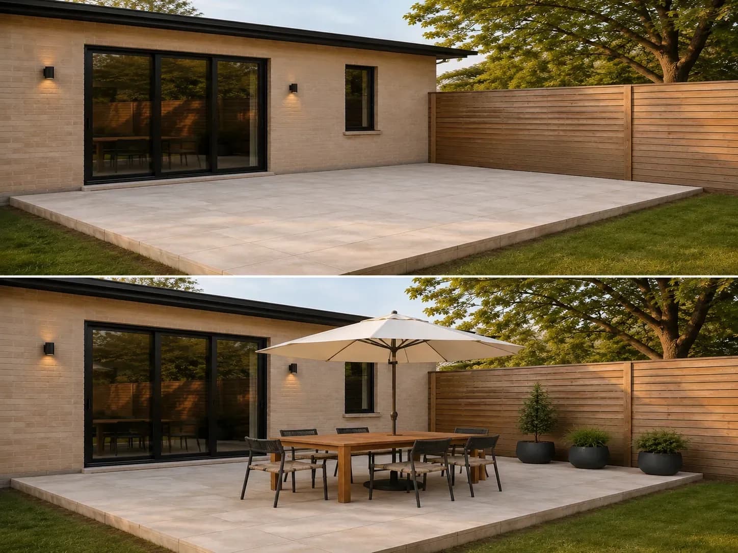 An empty patio before and after: the same camera position and boundary, now a dining set with an umbrella