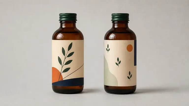 Two 3D rendered previews of the same bottle with different graphic treatments