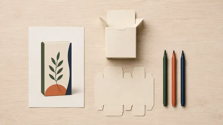 A designer's desk with a packaging render beside cut proof samples and marker pens