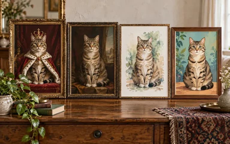 One cat in royal, oil, watercolor and cartoon styles