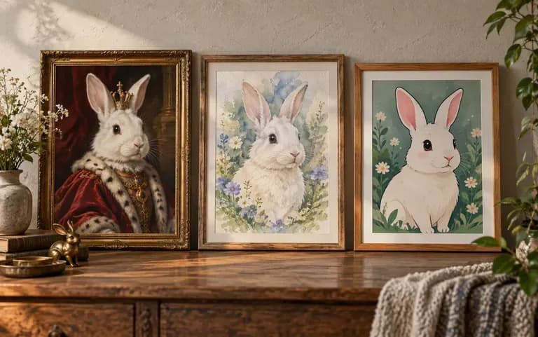 Three portrait styles of the same rabbit side by side