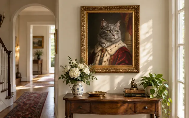 A framed cat portrait in a hallway
