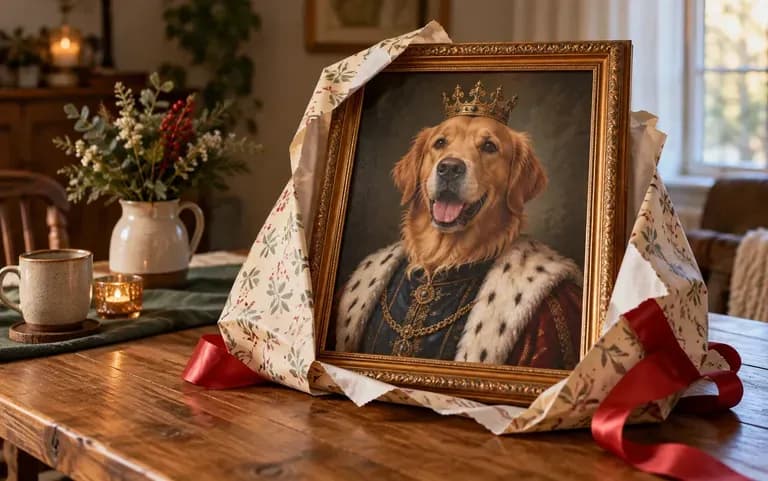 A dog portrait wrapped as a gift